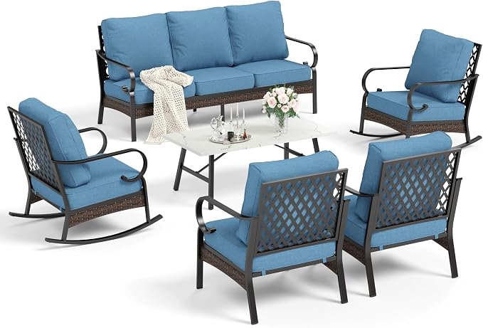 HERA'S HOUSE 6 Piece Metal Patio Furniture Set, All Weather Outdoor Conversation Set with 3-Seat Sofa, 2 Rocking Chairs, 2 Fixed Chairs & Coffee Table, 7 Seats for Backyard, Garden, Deck, Navy Blue