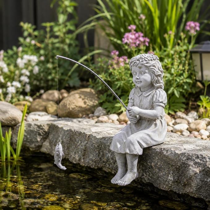 Goodeco Fishergirl Statue Garden Decor - 11" Little Fishing Guy for Koi Pond or Waterfalls, Poolside Statue with Glow in Dark Pebbles Included, Great Gifts for Mom, Women or Birthdays, Gift Ideas