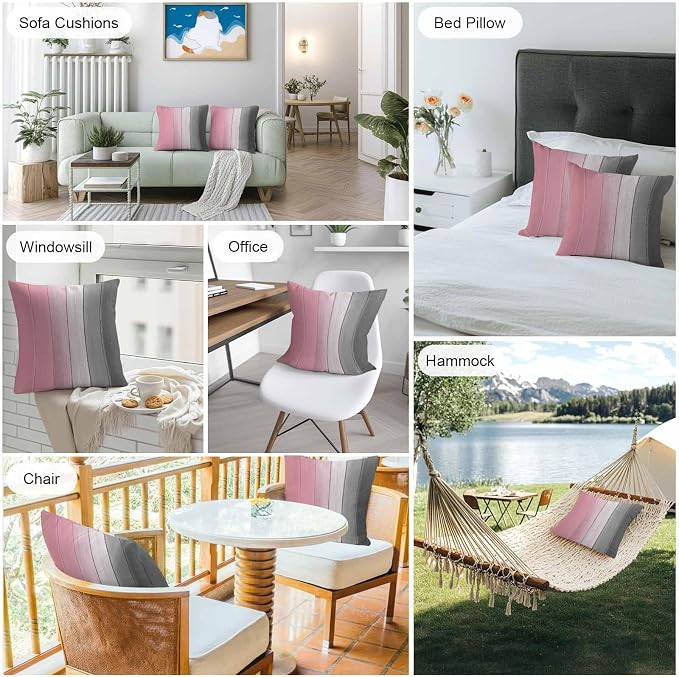 Throw Pillow Covers 16x16 Inch Set of 2, Pink Gray Ombre Waterproof Outdoor Cushion Covers, Vintage Country Wooden Decorative Pillowcases for Couch, Sofa, Bed, Garden, Patio