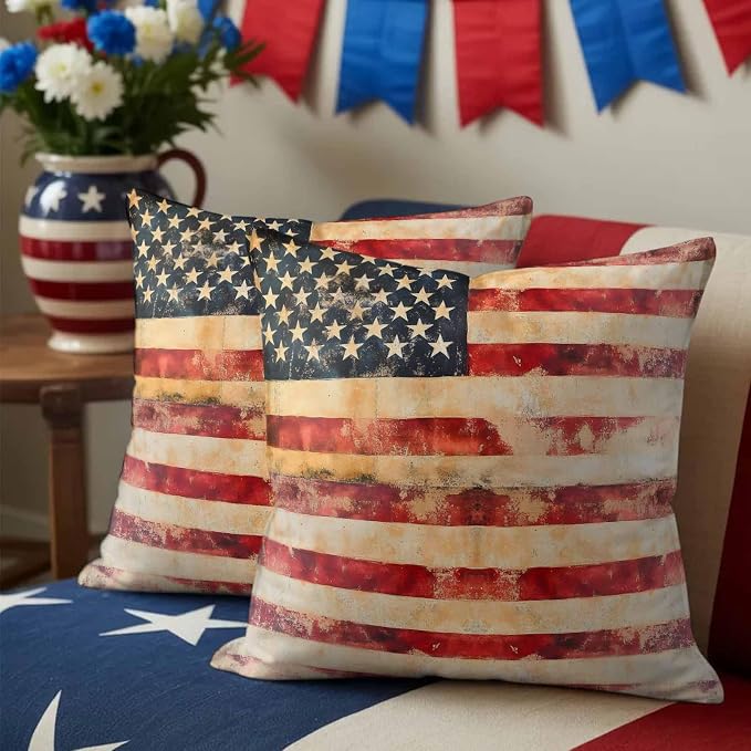 Independence Day Outdoor Pillow Covers 20"x20" Set of 2, Retro Country American Flag Waterproof Throw Pillow Covers for Patio Furniture, Decorative Cushion Covers for Porch