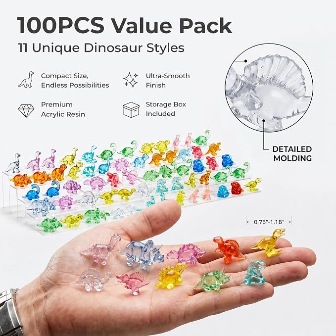100PCS Mini Dinosaur Figurines, Resin Mini Animals Bulk, Tiny Dinosaur Statues for Desk Decor, Party Favors, Collectible Decorations & Treasure Hunt Games (Luminescent Color)
