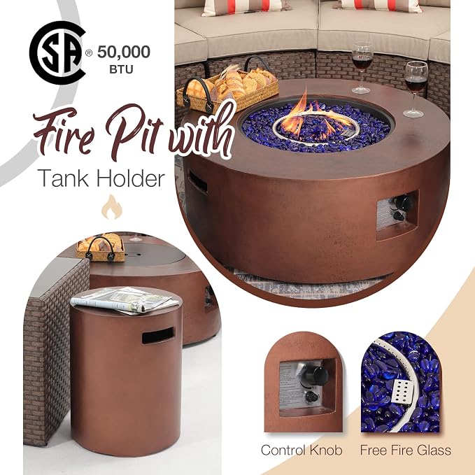 SUNSITT 8 Piece Patio Furniture Set with Propane Fire Pit Halfmoon Outdoor Round Sectional Sofa with 36" Bronze Gas Fire Table & Tank Holder, Brown Rattan