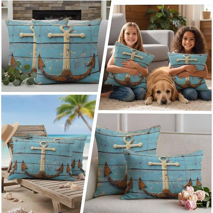 Vintage Anchor Waterproof Outdoor Pillow Covers Set of 2 Home Decor, Coastal Nautical Blue Brown Wooden Pillowcase Patio Pillow Covers for Couch Bench Furniture Garden 20x12in