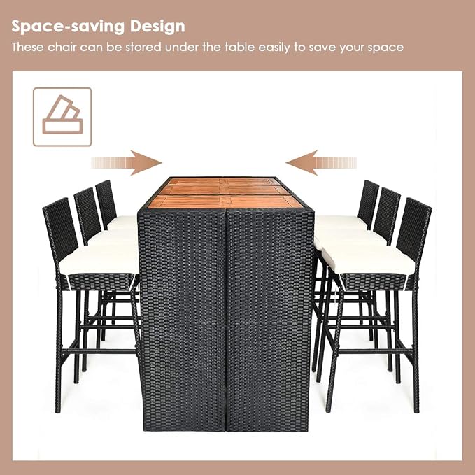 Tangkula 7 PCS Outdoor Wicker Furniture with Acacia Wood Bar Table Top and Removable Cushion, Conversation Set for Dining, Patios, Backyards, Porches, Gardens and Poolside (Black)