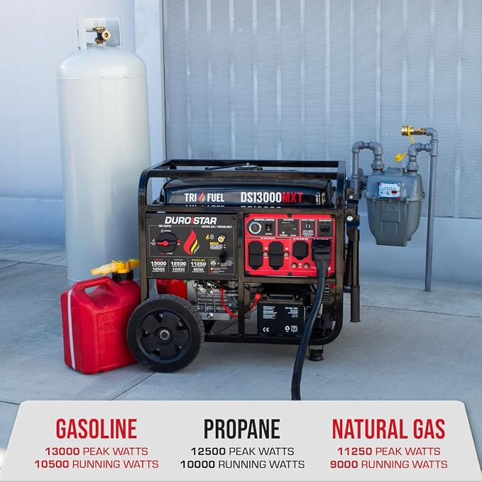 DuroStar DS13000MXT 13,000-Watt 500cc Tri Fuel Portable Generator - Gas, Propane & Natural Gas, Remote Electric Start, Whole Home Power Backup, Transfer Switch Ready, RV & Emergency Ready