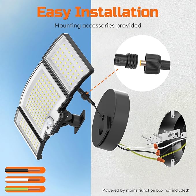 CLAONER LED Security Motion Sensor Outdoor Lights, 6500K Remote Control Floodlights, Dusk to Dawn 20W 3000LM Waterproof 3 Heads Hardwired Flood Light for Driveway, Garage, Porch (1 Pack)