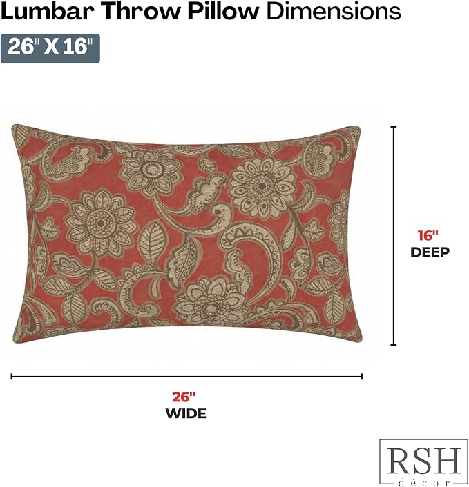 RSH DECOR: Outdura Jumbo Lumbar Pillows Set of 2 | 26" x 16" | Water and Fade-Resistant Performance Fabric | Outdoor Pillow Covers with Down-Alternative Inserts | Made in USA (Veranda Crimson)