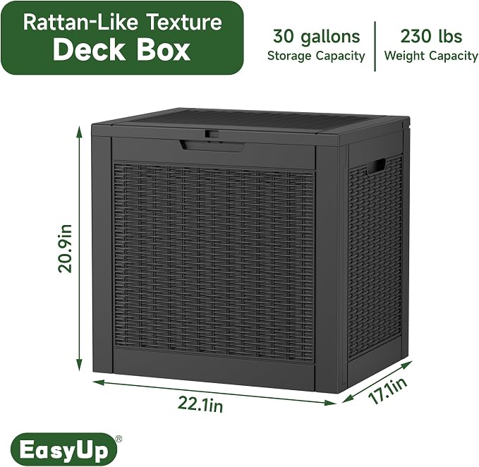 EasyUp 30 Gallon Outdoor Storage Box, Patio OutdoorResin Deck Box for Furniture, Garden Tools, Waterproof Outside Storage Boxes(Black)