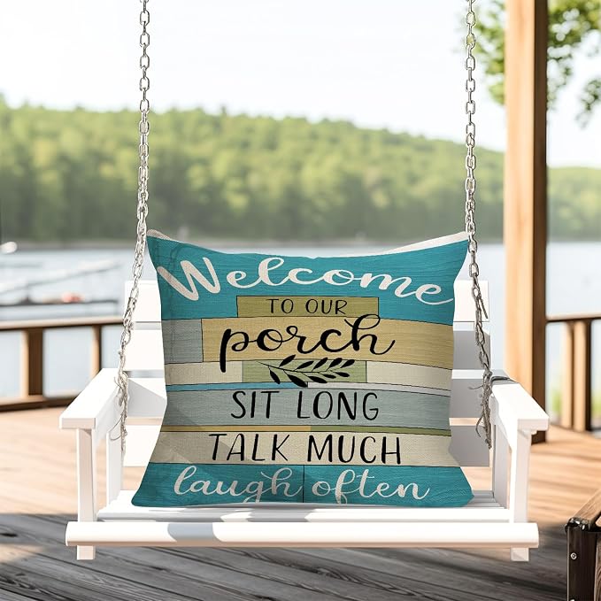 Lake House Outdoor Pillow Covers 18x18 Inch Waterproof Turquoise Woodgrain Stripe Welcome to Porch Decorative Cushion Covers for Patio Furniture, Set of 2