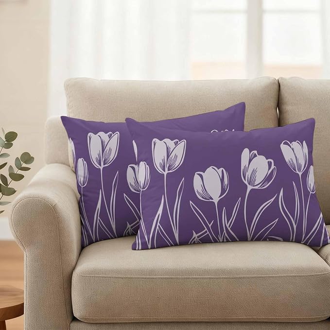 Purple Flower Waterproof Outdoor Pillow Covers Set of 2 Home Decor, Country Garden Floral Aesthetics Plant Pillowcase Patio Pillow Covers for Couch Bench Furniture Garden 20x12in