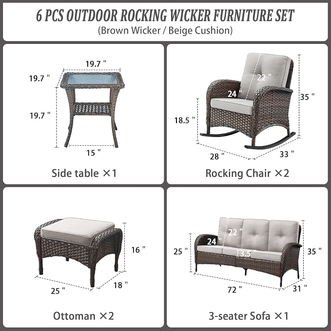 Belord Patio Rocking Chairs Furniture Set of 6, Outdoor Wicker Furniture Sets with Wicker Rocker, Small Patio Conversation Sets with Outdoor Couch Ottomans Brown/Beige