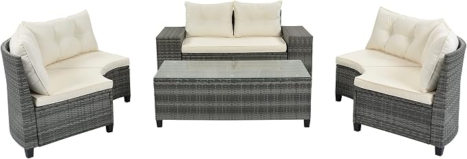 8 Piece Outdoor Wicker Round Sofa Set, Half-Moon Sectional Set with Tempered Glass Top Rectangular Coffee Table, Curved Patio Conversation Seating Set for Porch Backyard, Beige