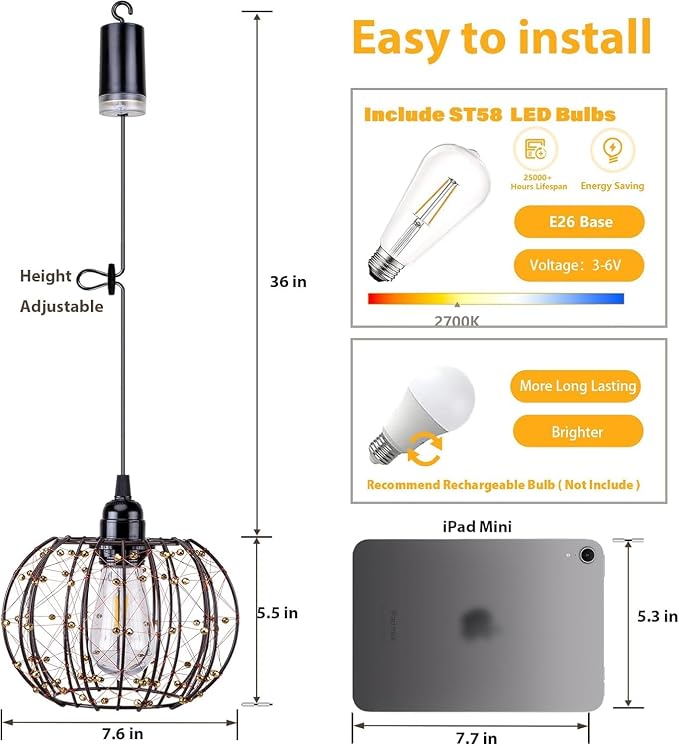Battery Operated Hanging Chandelier Outdoor, Set of 3 with Remote, No Wiring, Boho Copper Wire Beaded Pendant Light, IP55 Weatherproof, Dimmable Timer, for Gazebo Pergola Porch Patio Decor