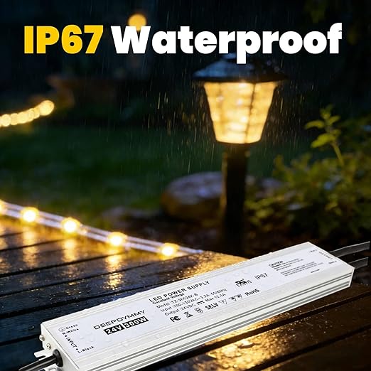 24V DC Power Supply 300W - Ultra Slim LED Driver Low Voltage Transformer with 3-Prong Plug & 3.3ft Cable, IP67 Waterproof for LED Strip Lights, Outdoor Lighting