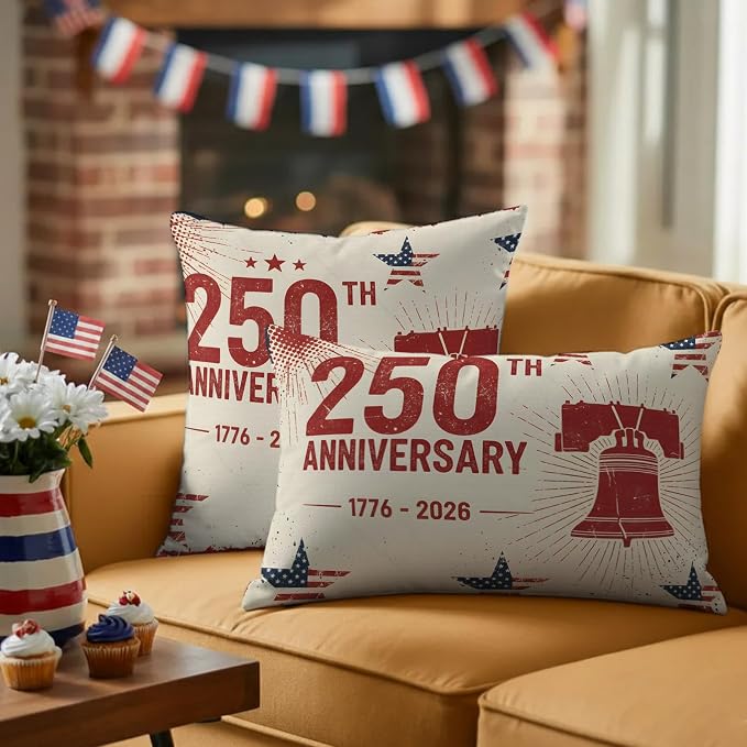 250th Anniversary Outdoor Pillow Covers 26"x26" Set of 2, Liberty Bell Stars Vintage 1776-2026 Waterproof Throw Pillow Covers for Patio Furniture, Decorative Cushion Covers for Porch