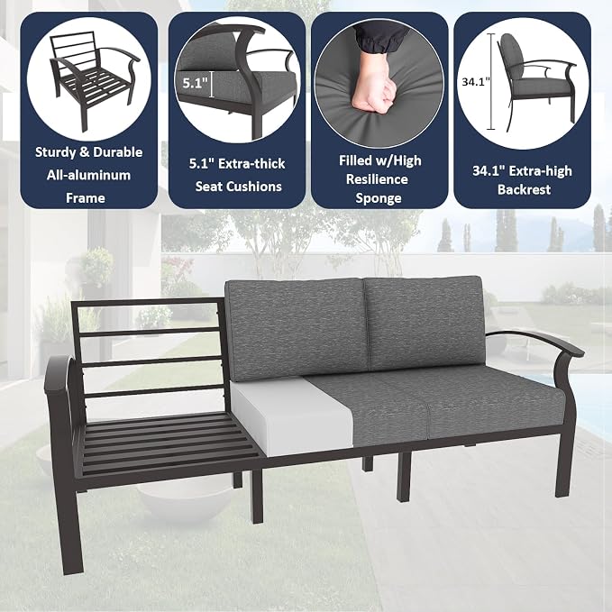 ALAULM Aluminum Patio Furniture Set with Swivel Chairs 7-seat Metal Outdoor Furniture Patio Sectional Sofas w/2 Ottomans for Porch, Backyard, Poolside-Grey