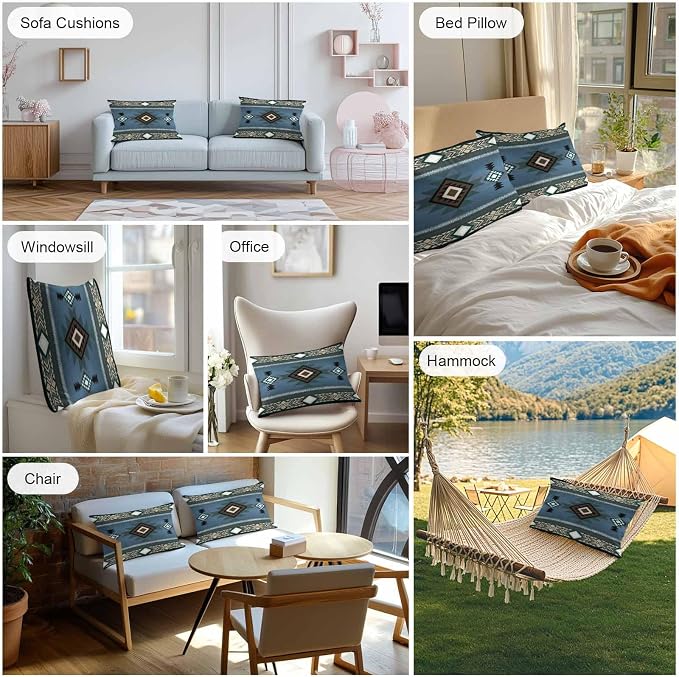 Vandarllin Outdoor Throw Pillows Covers 20x12 inch Set of 2 Waterproof Blue Tribal Style Decorative Zippered Cushion Covers for Patio Furniture, Southwest Native American Lumbar Pillowcases