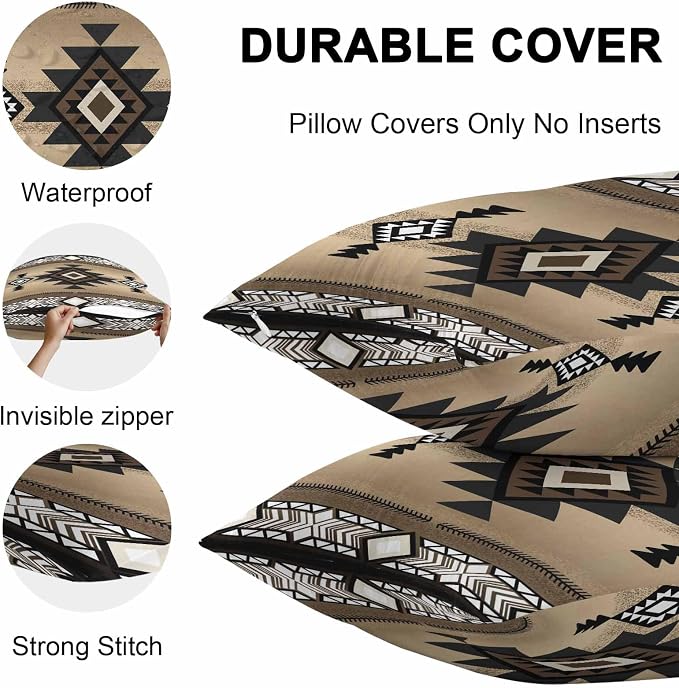 Vandarllin Outdoor Throw Pillows Covers 18x18 inch Set of 2 Waterproof Brown Tribal Style Decorative Zippered Cushion Covers for Patio Furniture, Southwest Native American Lumbar Pillowcases