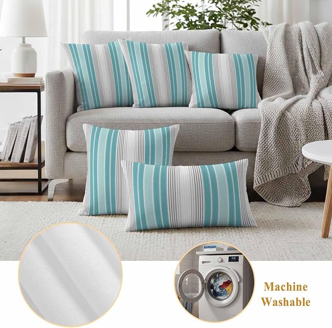 Chucoco Outdoor Waterproof Throw Pillow Cover, Teal Stripe Gray Line Decorative Pillows Cushion Covers, Minimalist Style 2 Pack Pillow Cases for Patio Garden Balcony Couch Sofa 16x16in