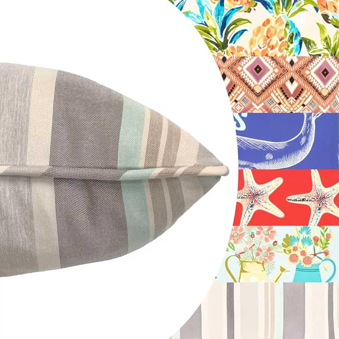 Outdoor Lumbar Pillows 12x20 Throw Pillow Set of 4 Fade Resistant & Water Resistant Decorative Lumbar Pillows for Patio,Garden,Couch,Furniture,Sofa,Bed,Living Room,Coastal Gray Stripe