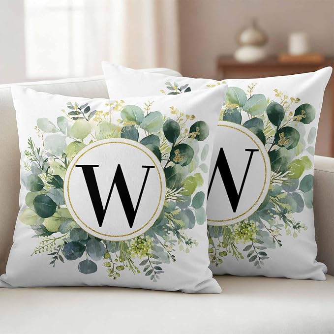 Letter W Waterproof Outdoor Pillow Covers Set of 2 Home Decor, Alphabet Green Eucalyptus Leaves Pillowcase Patio Pillow Covers for Couch Bench Patio Furniture Garden 26x26in