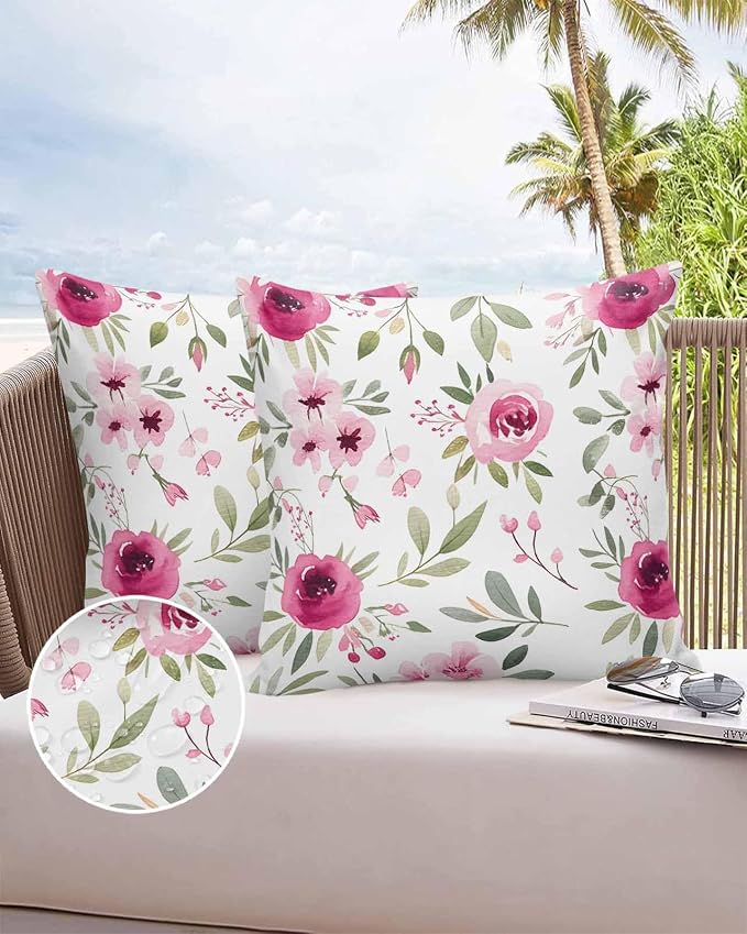 Vandarllin Outdoor Throw Pillows Covers 26x26 inch Set of 2 Waterproof Pink Flowers Decorative Zippered Cushion Covers for Patio Furniture, Floral Leaves Plant Lumbar Pillowcases