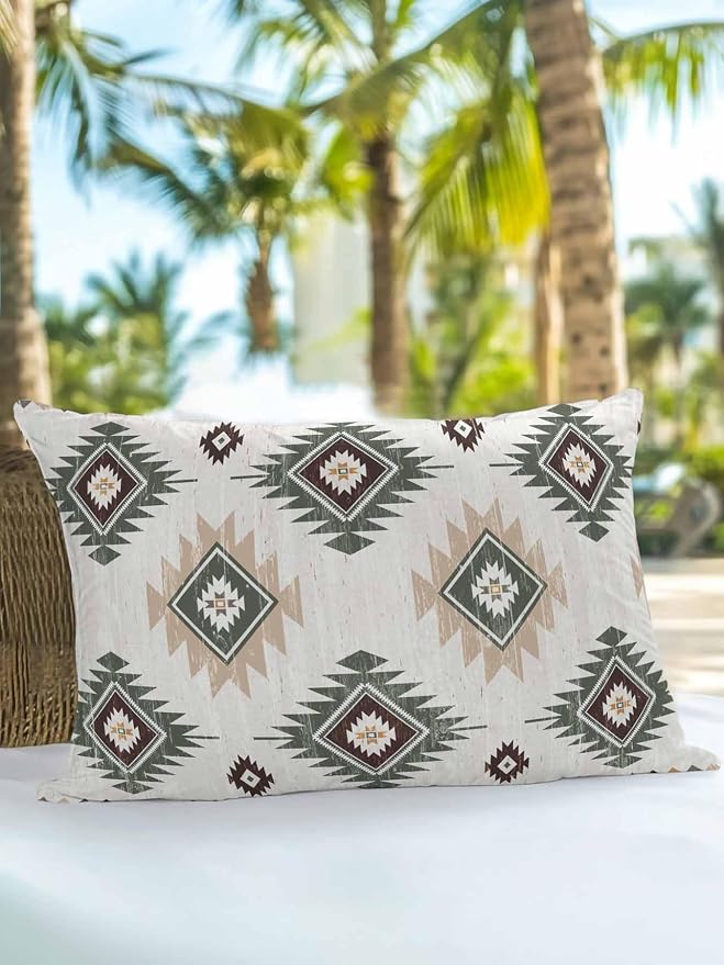 Waterproof Outdoor Pillow 1 Pack Sage Green Boho Aztec Decorative Throw Pillows Cover & Insert 20x12 Inch Lumbar Pillowcase Southwest Tribal Style Pillows for Couch Sofa Bed Patio Furniture