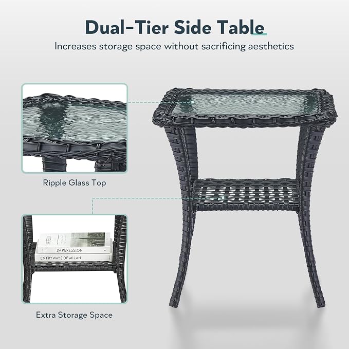 5 Piece Patio Furniture Set with Fire Pit Table - Wicker Patio Conversation Set with Swivel Glider, Glider Loveseat, Tempered Glass Side Table for Deck Backyard - Black Wicker Beige Cushion