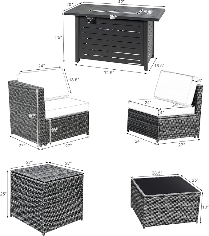 Tangkula 9 Pieces Patio Rattan Furniture Set, Patiojoy Sectional Sofa Set w/Storage Box, Coffee Table, Outdoor Wicker Conversation Set w/ 42” ETL Approved Propane Fire Pit Table (White)