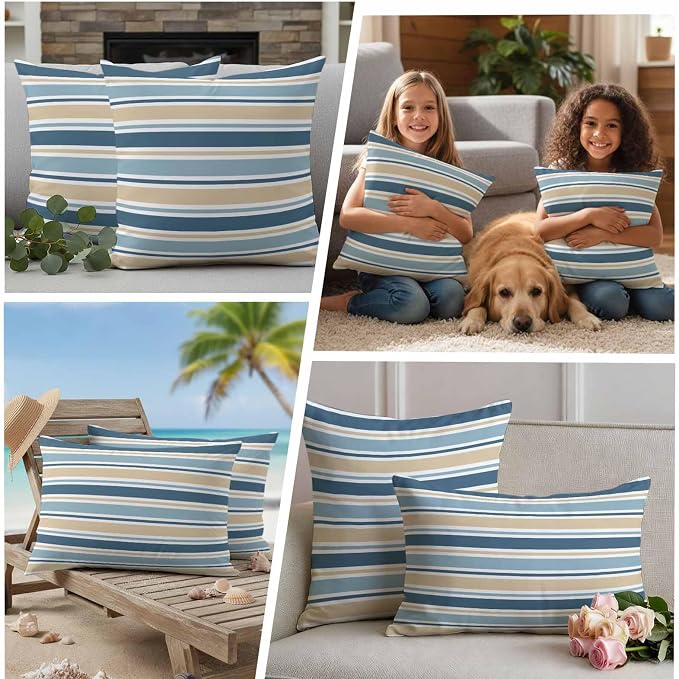 Khaki Blue Striped Outdoor Pillow Cover 16x16 Inch Cushion Sham Case, Farmhouse Stripes Modern Abstract Art Waterproof Decorative Square Throw Pillowcase for Outside Garden Patio Porch Couch Chair