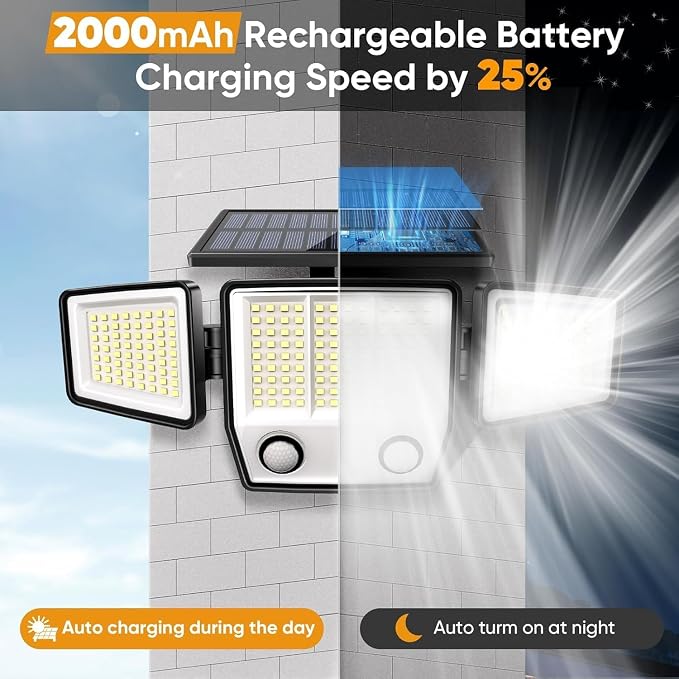 MDCMDCM Solar Motion Sensor Outdoor Lights Waterproof - 3000LM 3 Modes Security Lights Outdoor 270° Illumination IP65 LED Solar Flood Wall Light for Garden Yard Patio Pathway (with Stakes, 3)