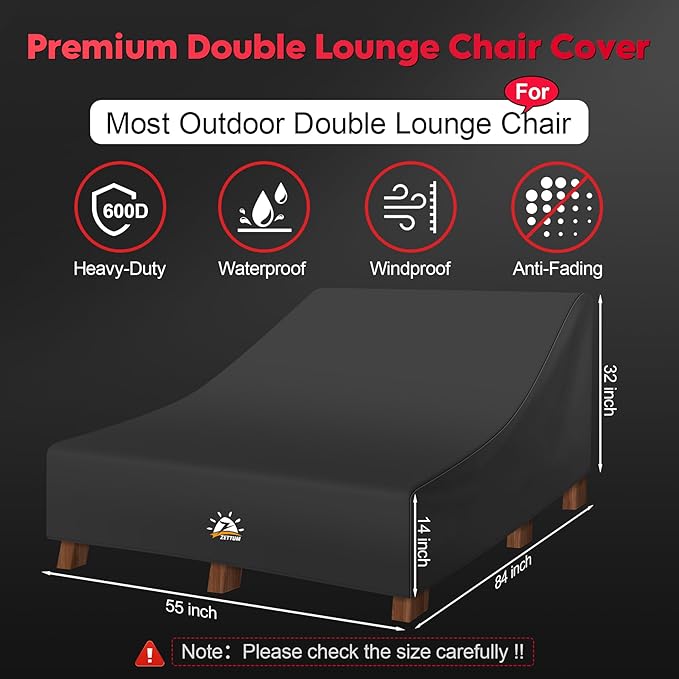Zettum Double Chaise Lounge Cover - Outdoor Lounge Chair Cover Waterproof, 600D Heavy Duty Fade-Resistant Patio Seating Covers for Pool Lounge Chair, Lawn Bench Furniture 84 x 55 x 32 Inch
