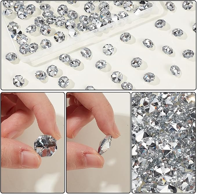 1 Box 120Pcs 14mm 2 Hole Octagon Beads Silver Crystal Glass Octagon Beads Chandelier Replacement Connector Suncatcher Faceted Spacer Prisms for DIY Lamps Hanging Ornament Pendant Jewelry