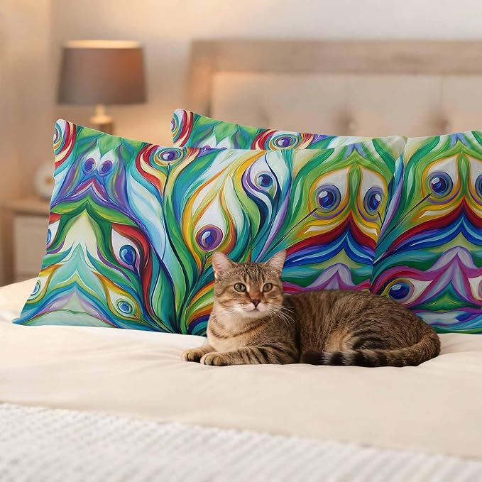 Outdoor Waterproof Pillow Covers 20x12Inch Peacock Feathers Colorful Gradient Throw Pillowcases for Patio Garden Couch Sofa Vibrant Abstract Art Decorative Cushin Case,Pack of 2