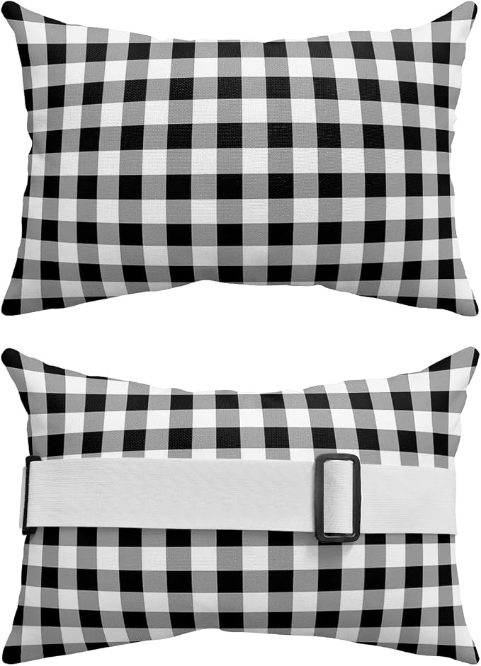 Outdoor Pillows Covers with Inserts Farmhouse Rural Style White and Black Plaid Waterproof Recliner Pillow with Adjustable Strap Throw Pillows for Patio Furniture Pool Lounge Chair, 11x16 inch, 1PCS