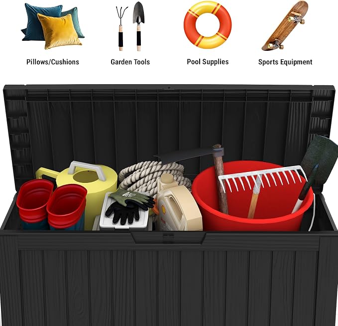 Mars Villa 72 Gallon Deck Box, Waterproof Weatherproof and UV Resistant Resin Storage Bin with Lockable Lid, Ideal for Outdoor Patio Furniture Cushions, Pool Supplies, Garden Tools, Black