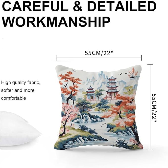 Cushion Cases Chinoiserie Pagoda White Coral Blue Throw Pillow Covers Retro Chinoiserie Chic Asian Pillow Cover Accent Modern Decorative Pillow Covers for Couch Tent Park 22x22 in