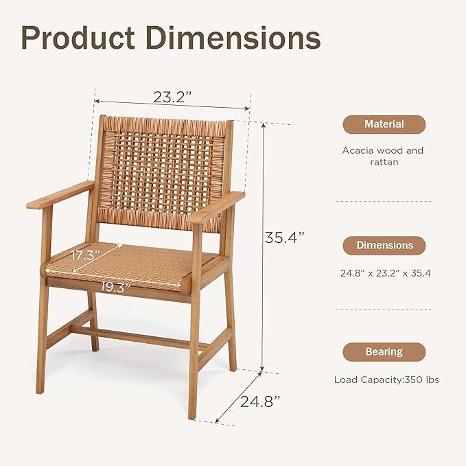 PHI VILLA Outdoor Acacia Wood Chairs Set of 2, Patio Dining Armchairs with Wicker Back & Seat, Farmhouse Style Teak Seating Furniture for Deck Yard Balcony Garden - Bright Brown