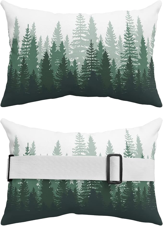 Outdoor Pillows Covers with Inserts Forest Tree Silhouette Green Abstract Gradient Waterproof Pillow with Adjustable Strap Throw Pillows for Patio Furniture Recliner Lounge Chair, 11x16 inch, 2PCS