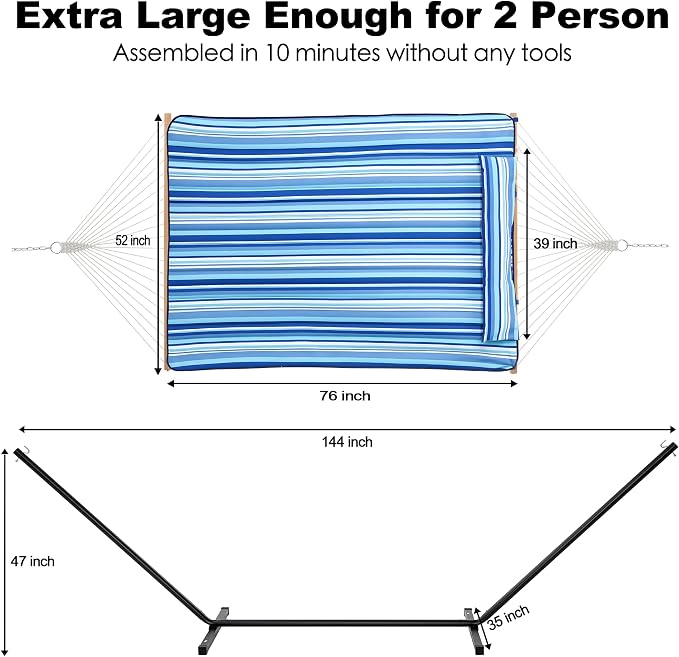 GAFETE 2 Person Hammock with Stand for Outside, 52inch Double Cotton Rope Hammock with Polyester Pad, Heavy Duty Steel Stand, Large Removable Pillow, Storage Bags, Max 475 lbs Capacity (Blue with Pad)