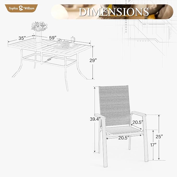 Sophia & William Outdoor Dining Set 7 Pieces, 6 x Aluminum Stackable Chair for Space-Saving and 59" x 35" Patio Dining Table, Easy to Move for Outdoor Garden Lawn (Grey)