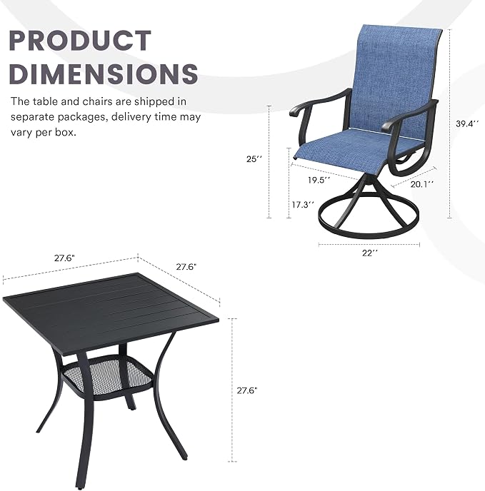 3 Pieces Patio Furniture Dining Set, 2 Textilene Swivel Dining Chairs, 28" Outdoor Square Metal Table with Storage Shelf, Outdoor Dining Set for Porch, Lawn, Garden, Black/Blue