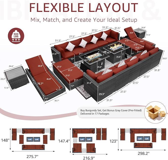 NICESOUL 20 Piece Extra Large Patio Furniture Set w/Fire Pit Table & Chaise Lounge, Modern Luxury Outdoor Group Seating w/Firepit, Comfortable 29.3" High-Back Sectional Couch Deep Seat, Gray & Red