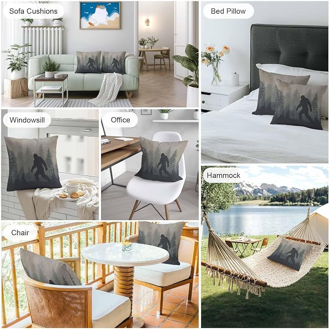 Forest Bigfoot Outdoor Pillow Covers Pack of 2 Vintage Sasquatch Animal Silhouette Foggy Dark Forest Plant Waterproof Pillow Covers Decor Cushion Cases for Patio Garden Tent Balcony Couch 16x16 inch