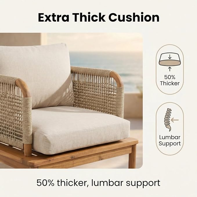Patio Furniture Set-Single Chair, Outdoor Sectional Furniture with Rope Armrests and Thick Washable Cushions, All-Weather Patio Conversation Set for Backyard, Garden and Poolside (Series A)