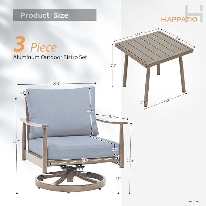 HAPPATIO Patio Conversation Set 3 Pieces, Outdoor Aluminum Conversation Furniture Set, 2 Swivel Chairs with Backrest Rope Design and 1 Side Table for Garden, Pool, and Lawn (Brown)