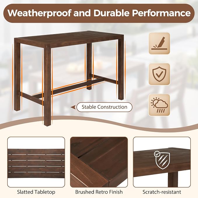 5-Piece Rustic Patio Bar Set, Acacia Wood Bar Table & Chairs with Slatted Tabletop for Backyard, Balcony, Poolside (Mocha11)