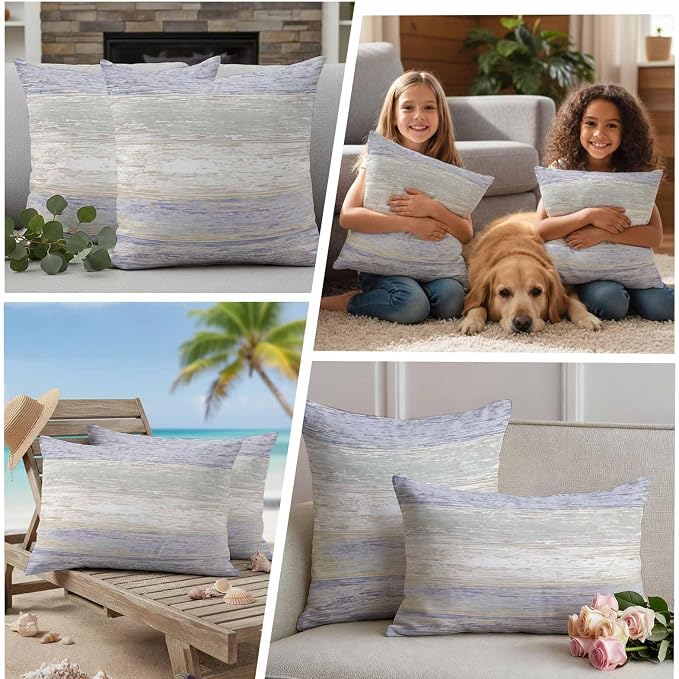Purple Gray Outdoor Pillow Covers 16"x16" Set of 2, White Gradient Rustic Striped Minimalist Country Waterproof Throw Pillow Covers for Patio Furniture, Decorative Cushion Covers for Porch