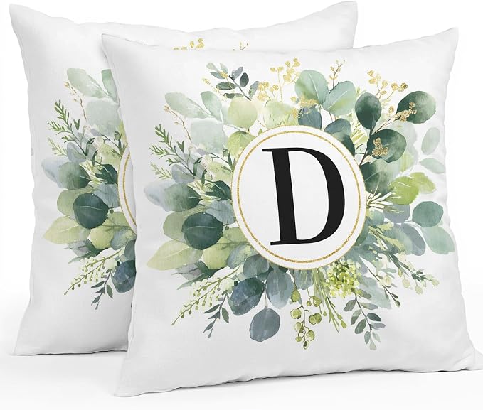 Letter D Waterproof Outdoor Pillow Covers Set of 2 Home Decor, Alphabet Green Eucalyptus Leaves Pillowcase Patio Pillow Covers for Couch Bench Patio Furniture Garden 24x24in