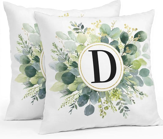 Letter D Waterproof Outdoor Pillow Covers Set of 2 Home Decor, Alphabet Green Eucalyptus Leaves Pillowcase Patio Pillow Covers for Couch Bench Patio Furniture Garden 24x24in